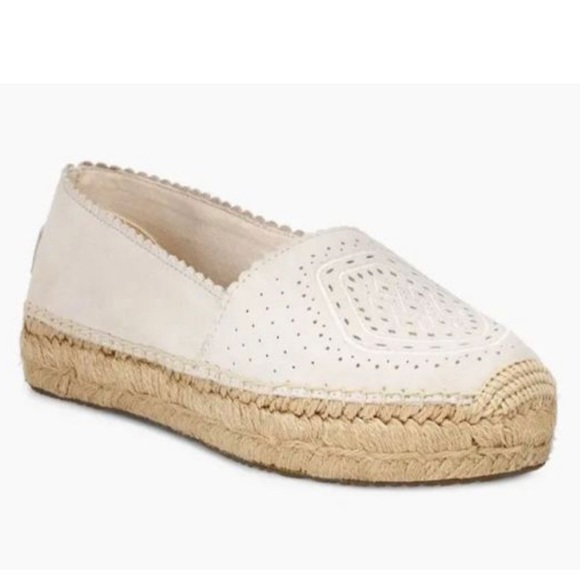 UGG Shoes - UGG HEIDI Genuine Suede Perforated Flat Cream Espadrille Loafer Scallop Size 12